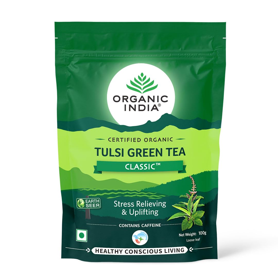 Two Organic India Green Tea Classic zipper bags of loose leaves