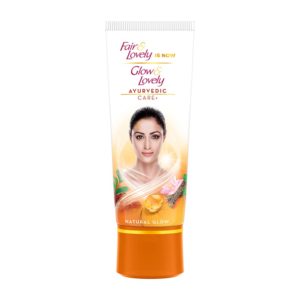 Glow & Lovely face cream tube with Ayurvedic Care+ branding