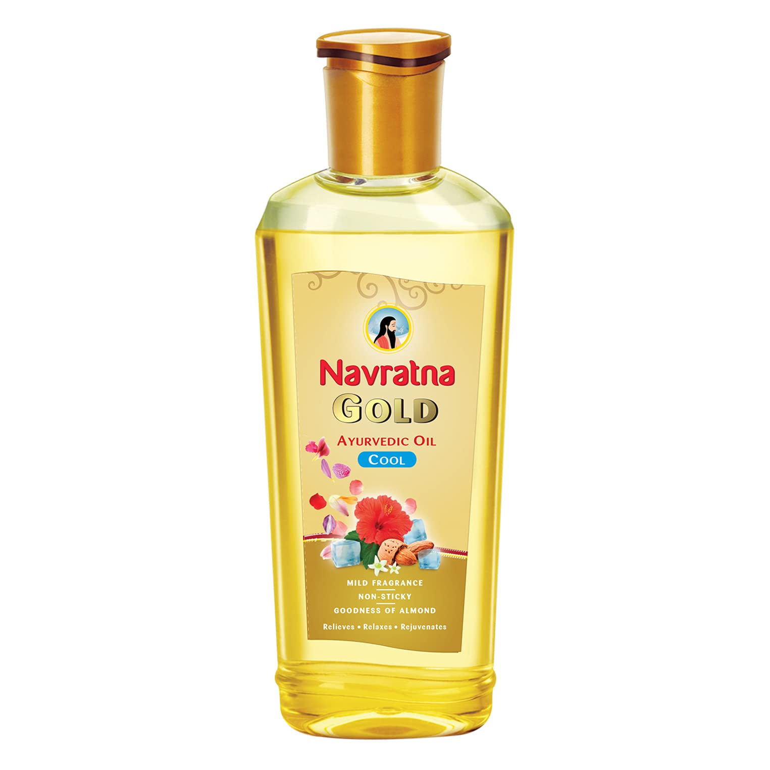 Front pack of Navratna Gold non-sticky cooling hair oil