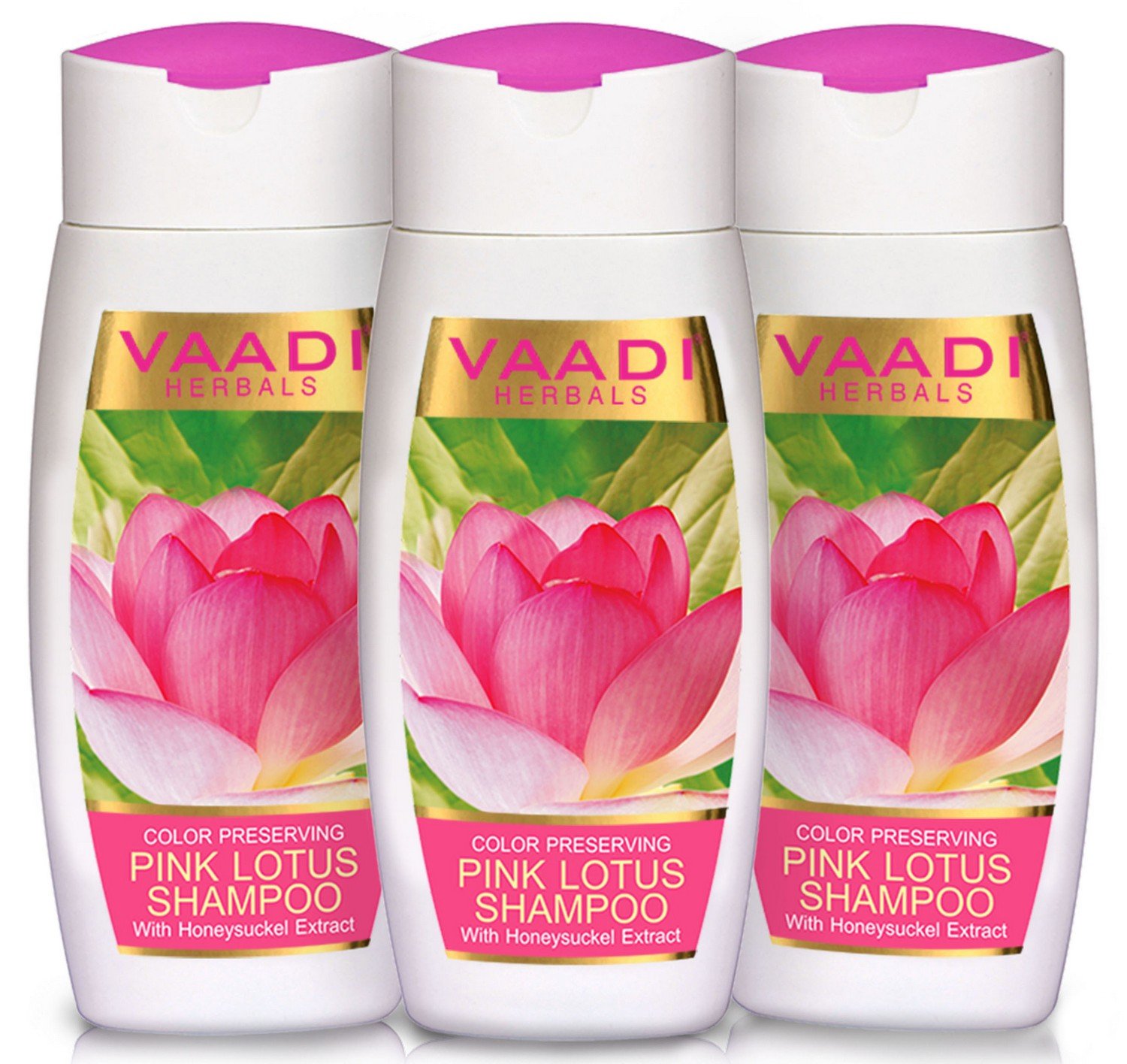 Three bottles of Vaadi Herbals Pink Lotus color-preserving shampoo