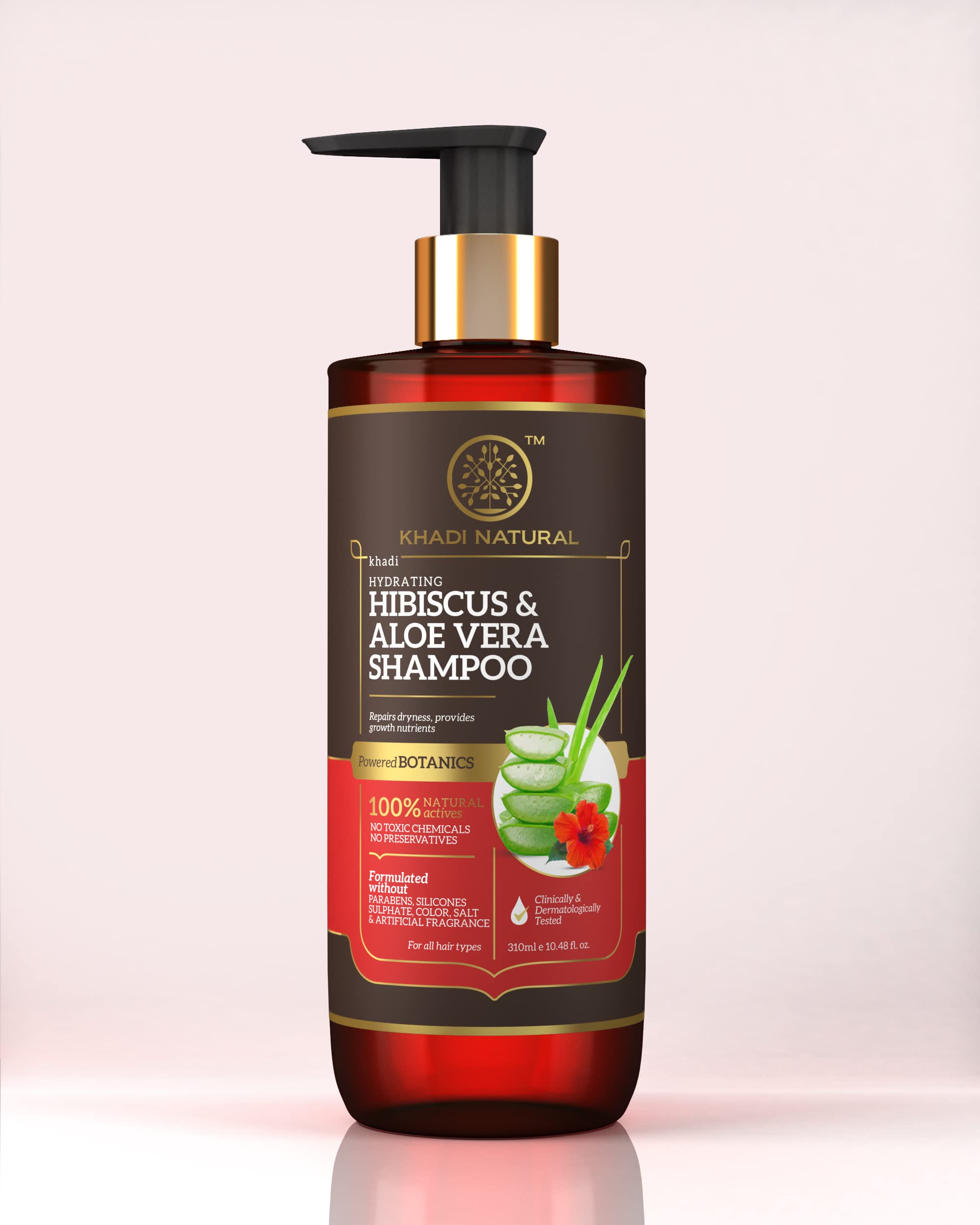 Khadi Natural shampoo bottle with hibiscus and aloe vera branding
