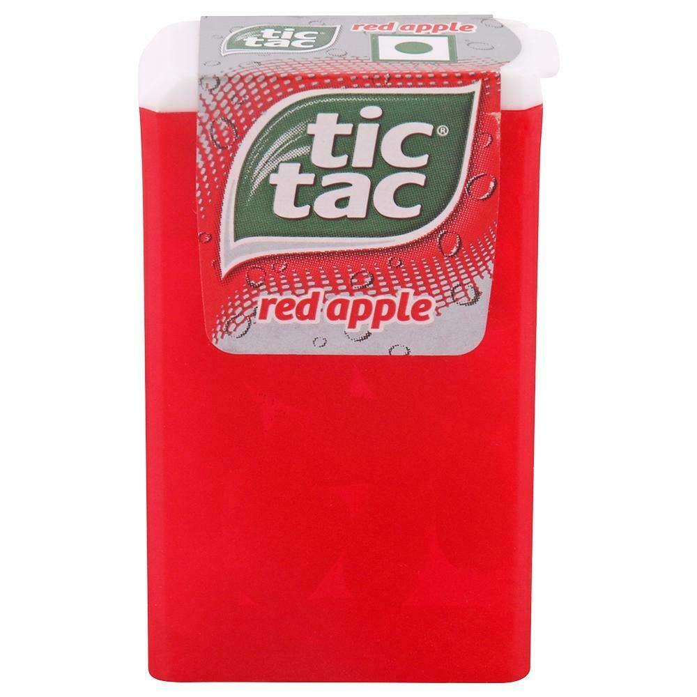 Boxed red apple candy in a compact Tic Tac pack