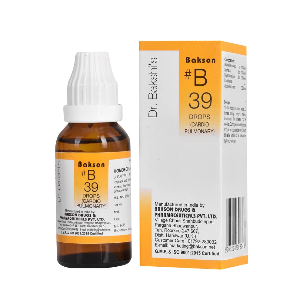 Front pack of Bakson's B 39 Cardio Pulmonary Drops 30 ml