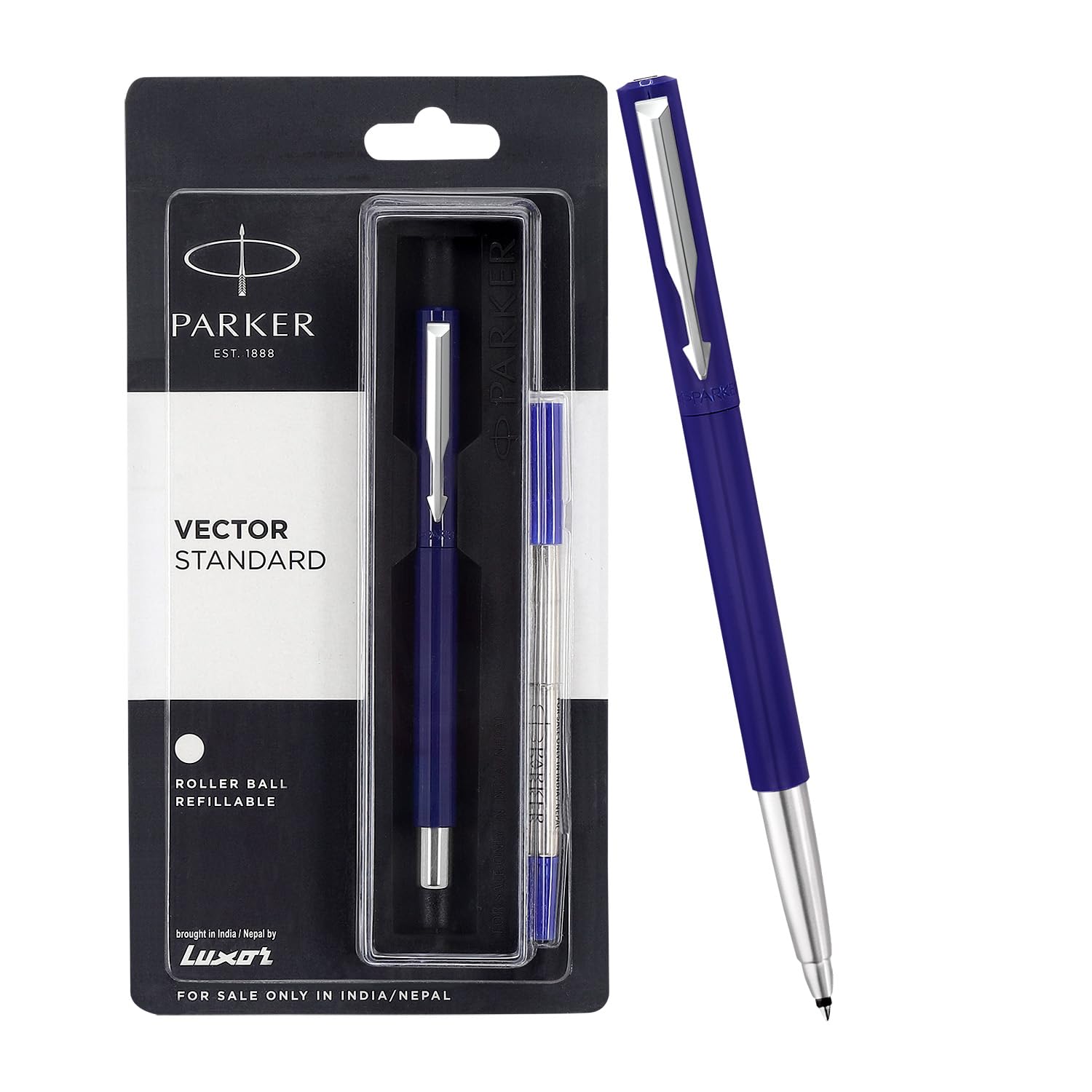 Glossy blue refillable roller ball pen with chrome-accented cap