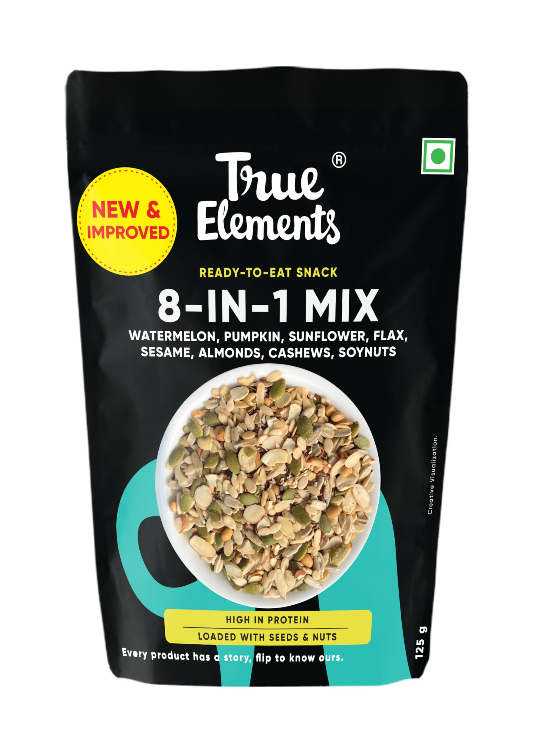 True Elements 8 in 1 Mix Seeds 125g - Seeds for Eating | Diet Snacks | Seed Mix for Eating | Roasted Seed - Watermelon, Pumpkin, Sunflower, Flax, Sesame and Almonds, Cashews, Soynuts