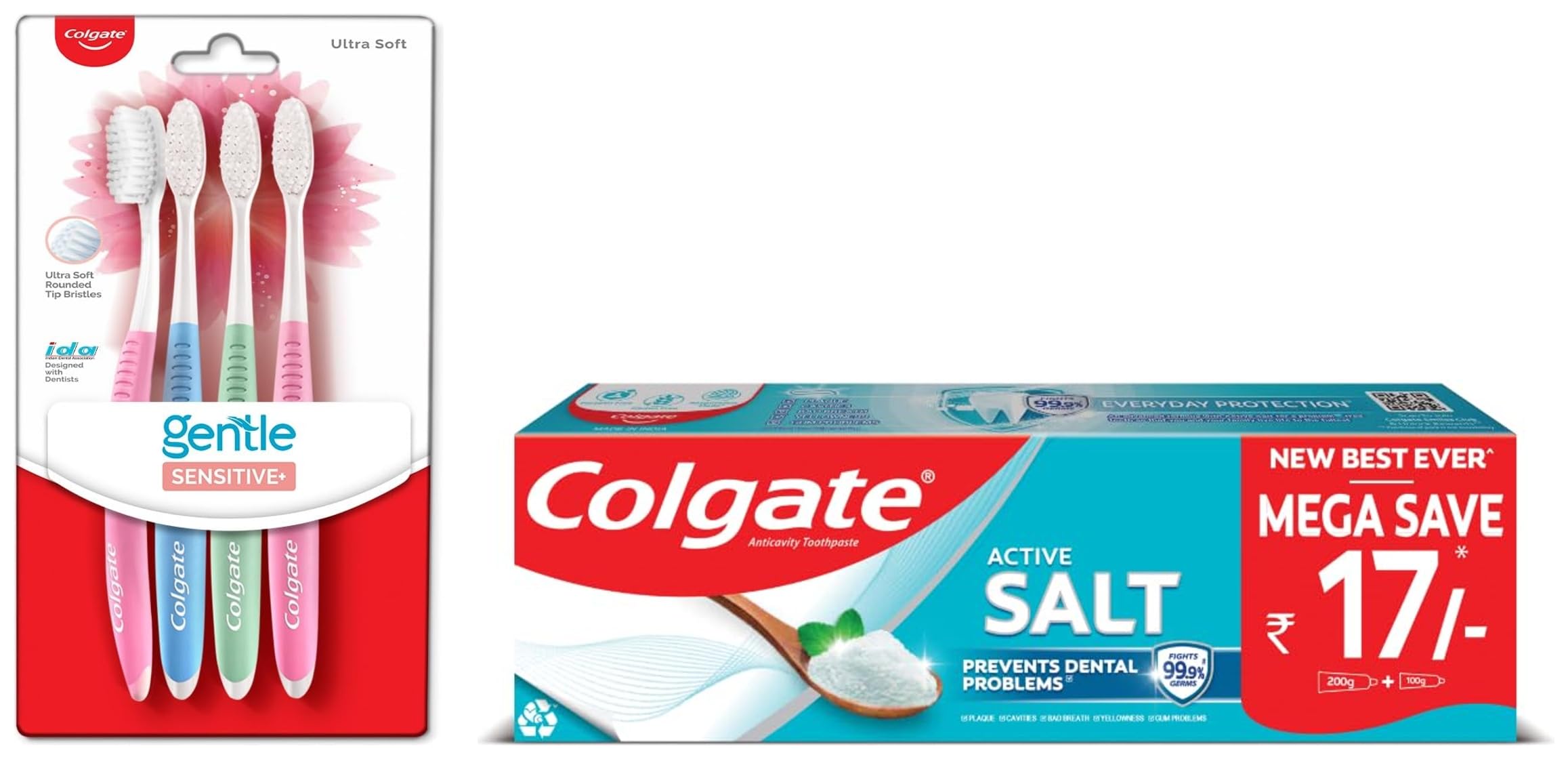 Colgate Active Salt 300g (200g + 100g, Pack of 2) Toothpaste & Colgate Sensitive Soft Bristles Manual Toothbrush for adults - 4 Pcs, Multicolor