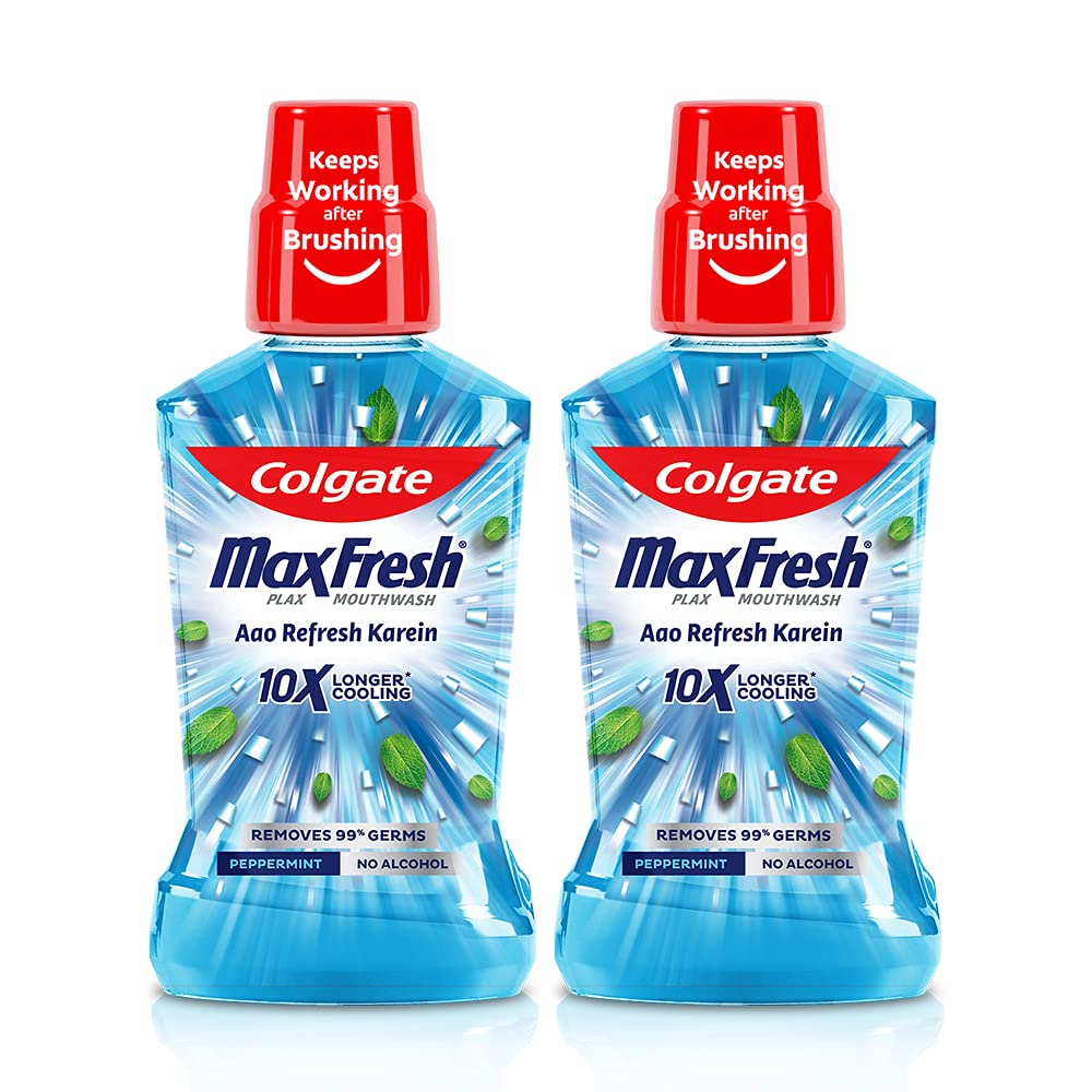 Two bottles of Colgate Plax Peppermint Fresh 0% alcohol mouthwash