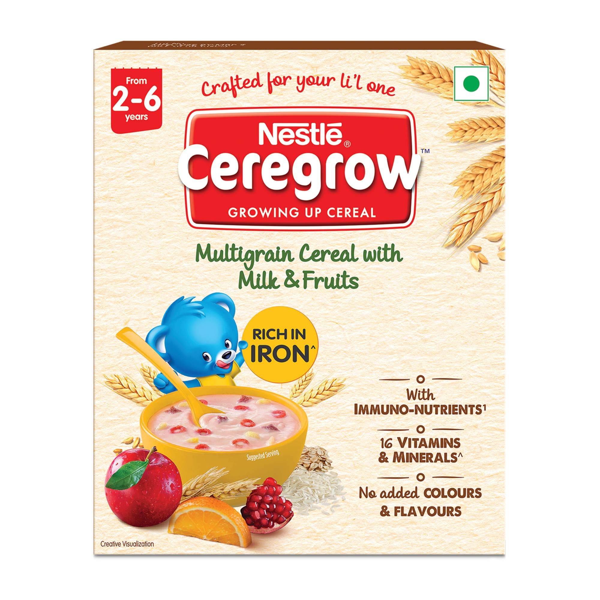 NESTLE CEREGROW Kids Cereal-Multigrain,Milk &Fruits|Rich in Iron, Calcium & Protein|Nutrient-Rich Tasty Breakfast |NO Added Colors or Flavors|16 Nutrients for Growth |300g