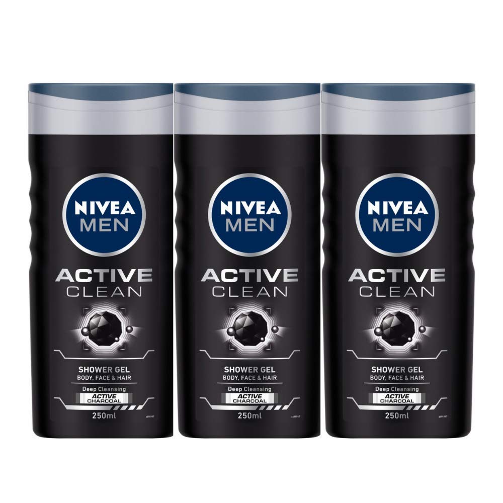 Three bottles of Nivea Men Active Clean Shower Gel 250 ml