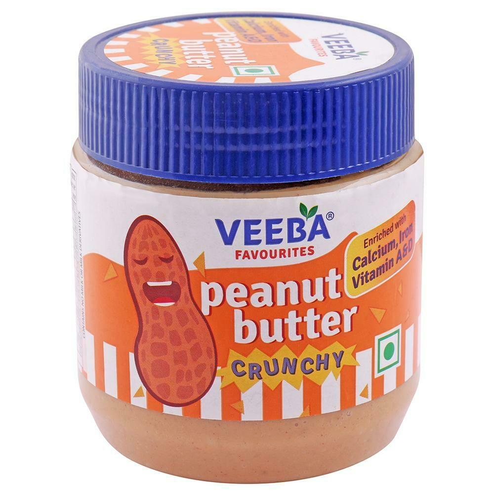 Front view of Veeba crunchy peanut butter jar and label