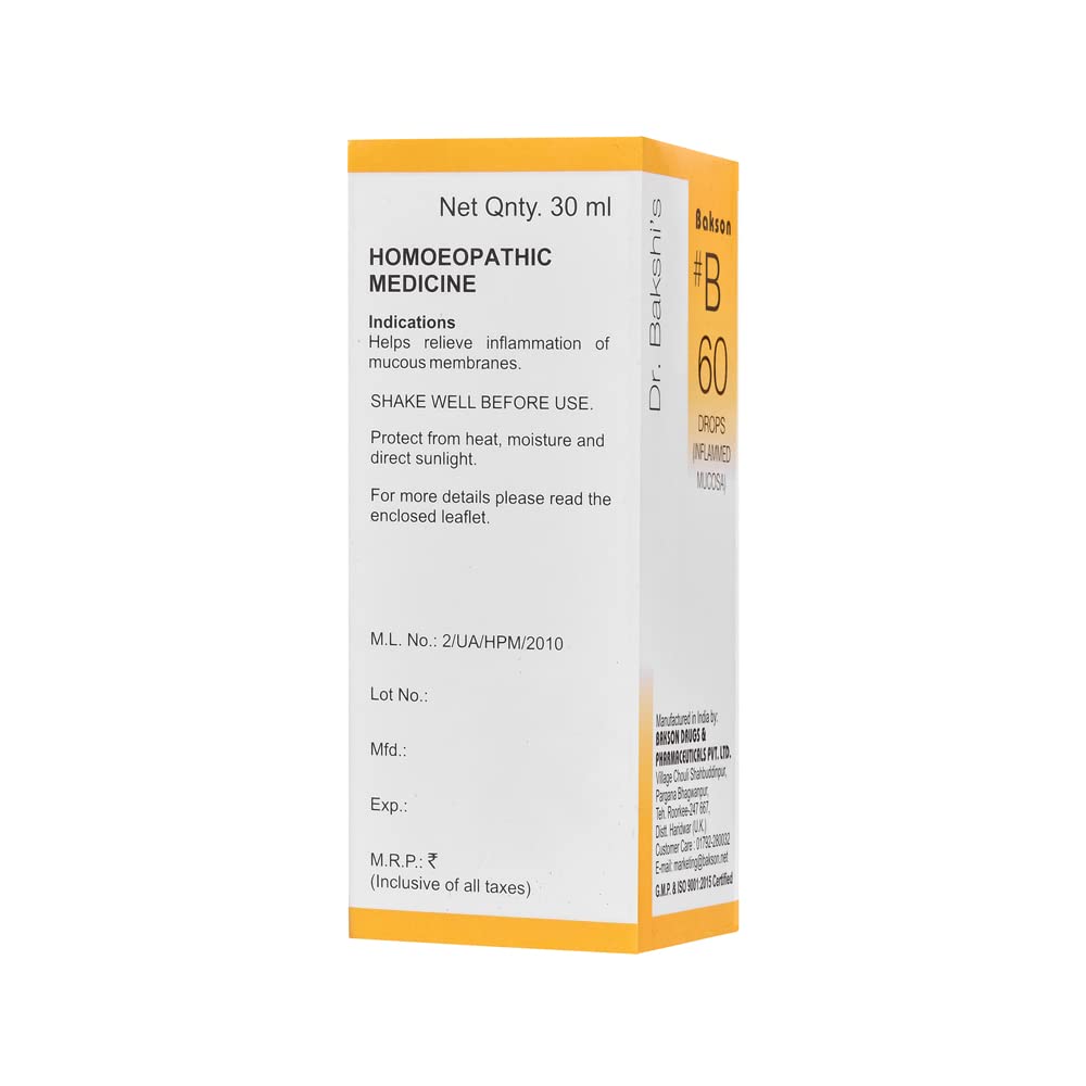 Dr. Bakshi's BAKSON'S HOMOEOPATHY # B 60 Inflammed Mucosa Drops (30 ml) – view 2