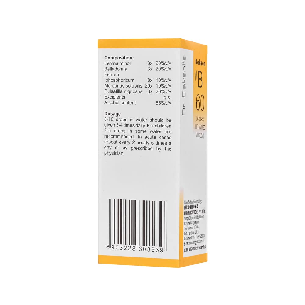 Dr. Bakshi's BAKSON'S HOMOEOPATHY # B 60 Inflammed Mucosa Drops (30 ml) – view 3