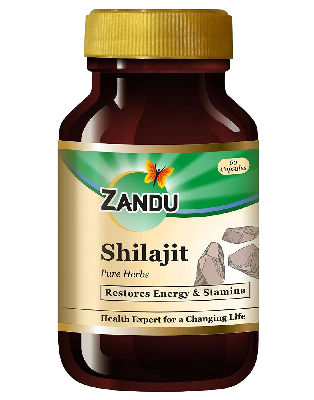 Zandu Shilajit Capsules bottle front view, 60 vegetarian capsules