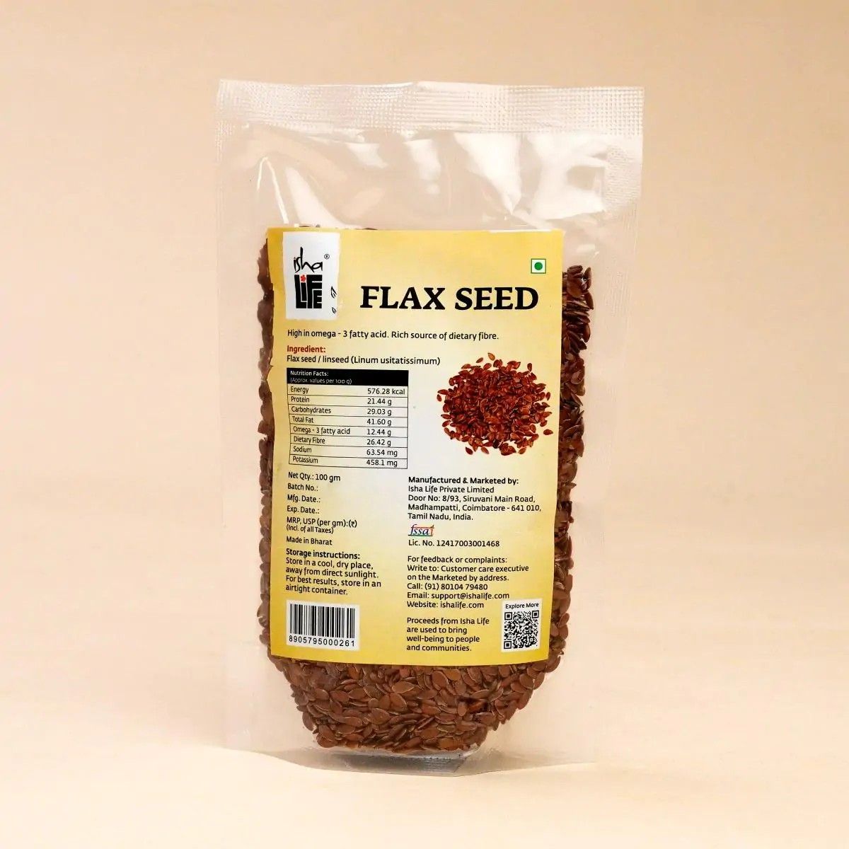 Whole flax seeds alsi in 100 gram resealable pouch