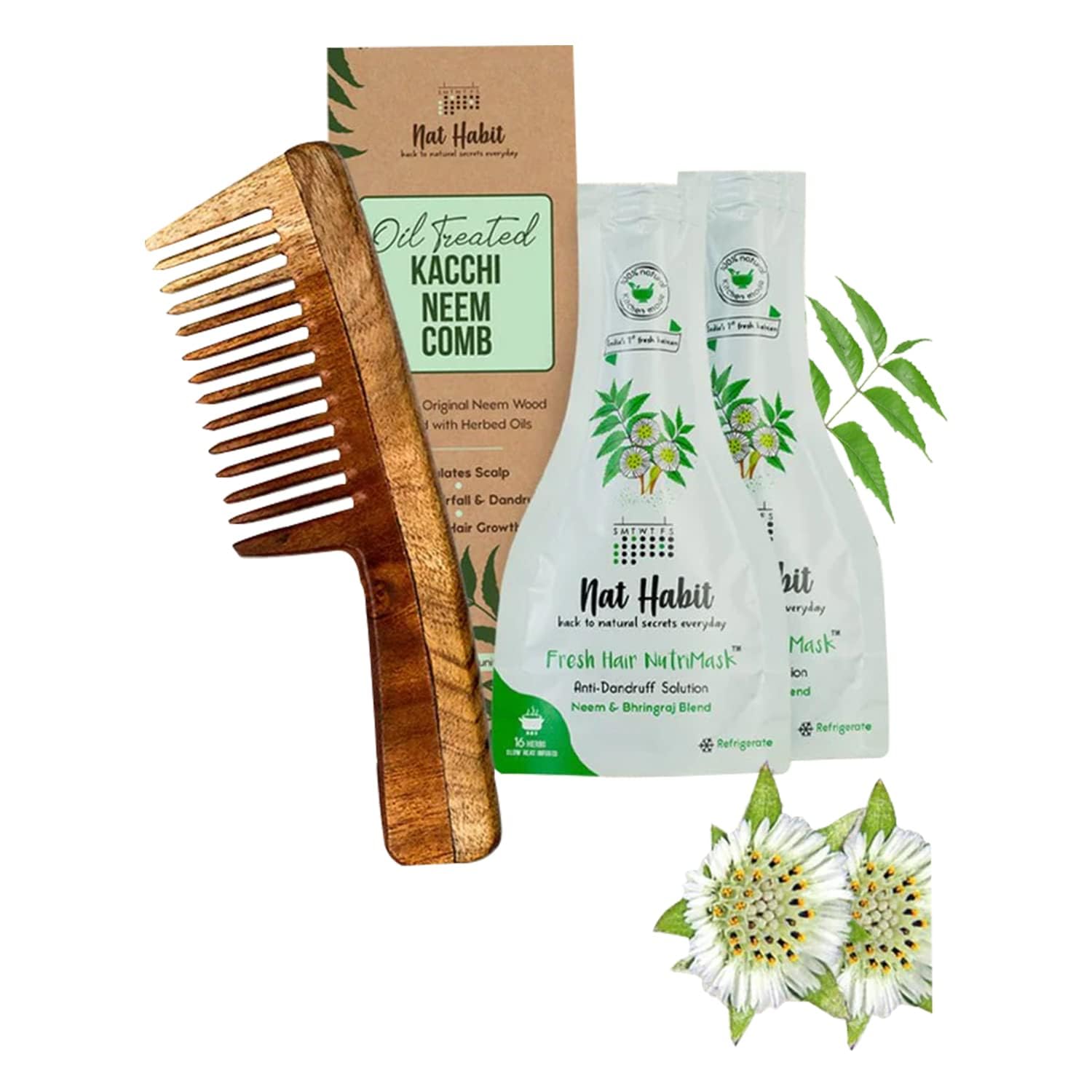 Wide wooden neem comb with neem bhringraj NutriMask combo pack