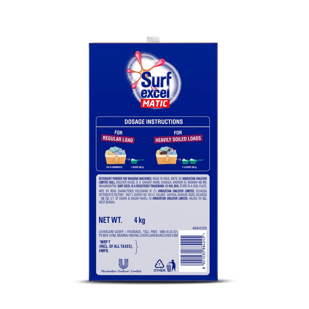Surf Excel Matic Front Load Detergent Washing Powder 3+1 Kg , Specially Designed For Tough Stain Removal On Laundry In Washing Machines, 1 Count – view 3