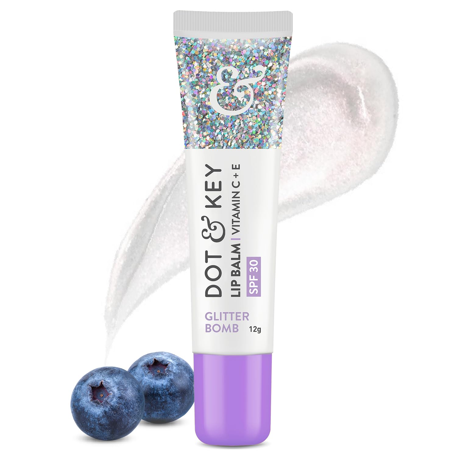 Transparent glitter lip balm from DOT & KEY with glossy shine