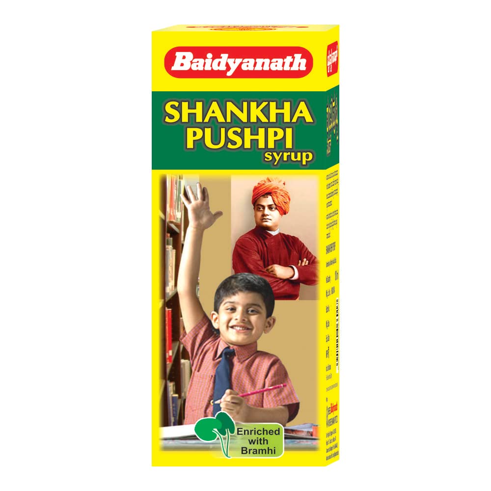 Front-facing Baidyanath Shankhapushpi Syrup bottle 450 ml herbal liquid