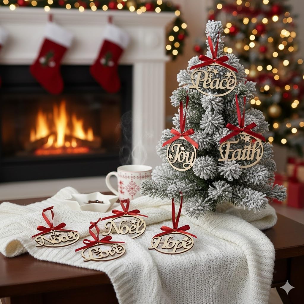 eCraftIndia Christmas Hanging Ornaments Wooden Cutouts Faith Joy Hope Love Peace Noel, Set of 6 – view 2