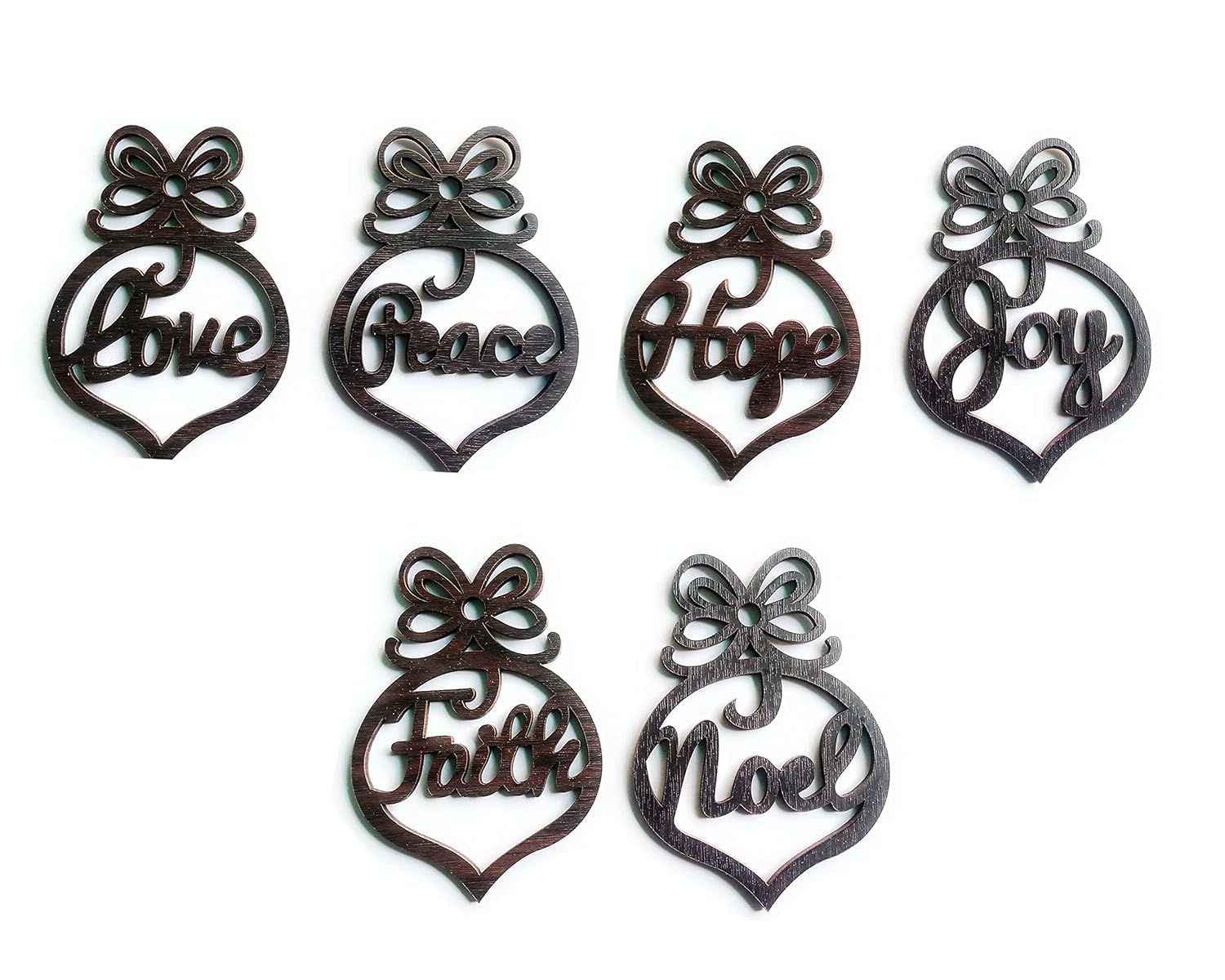 eCraftIndia Christmas Hanging Ornaments Wooden Cutouts Faith Joy Hope Love Peace Noel, Set of 6 – view 3