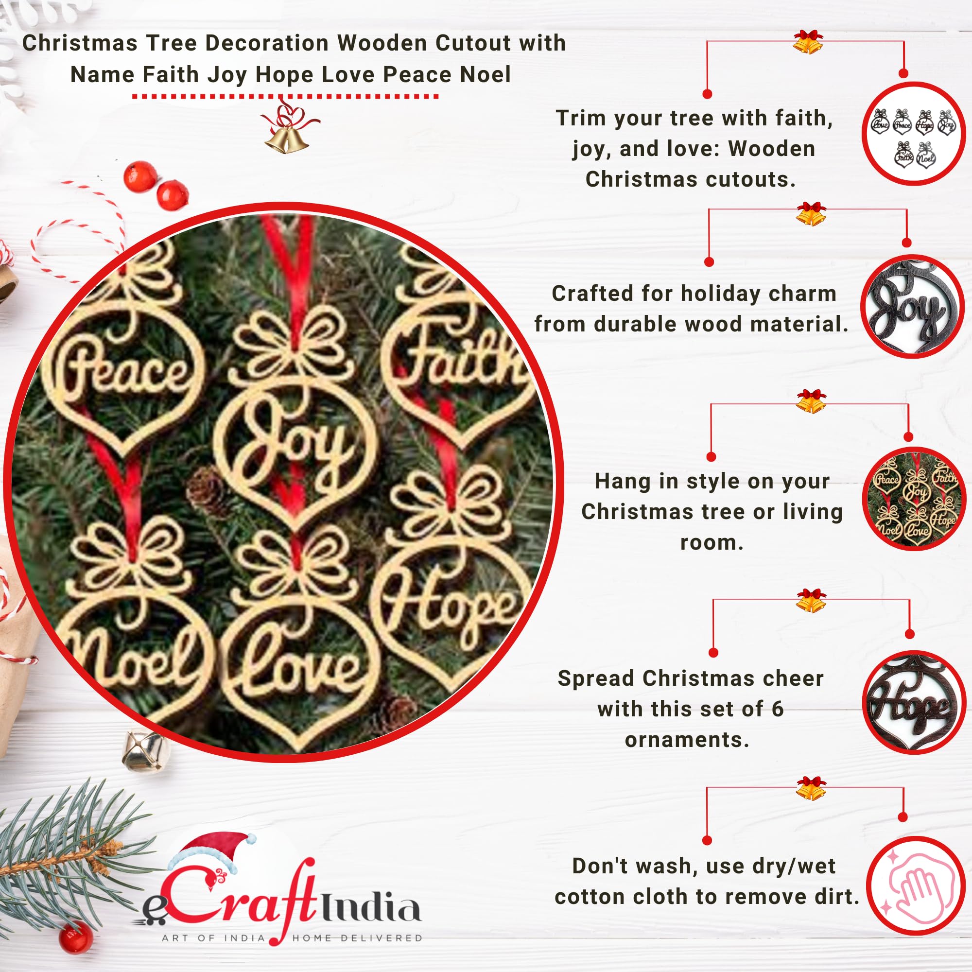 eCraftIndia Christmas Hanging Ornaments Wooden Cutouts Faith Joy Hope Love Peace Noel, Set of 6 – view 5