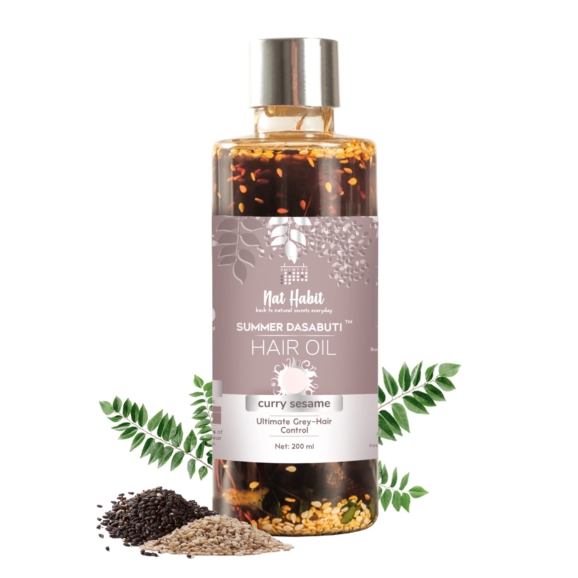 Nat Habit herbal hair oil bottle with curry sesame formula, 200 ml