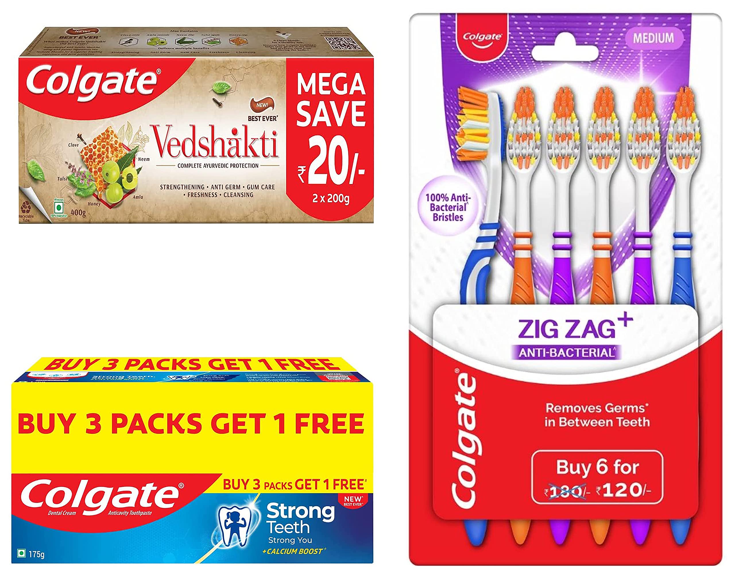 Colgate oral care combo with two toothpastes and ZigZag brush