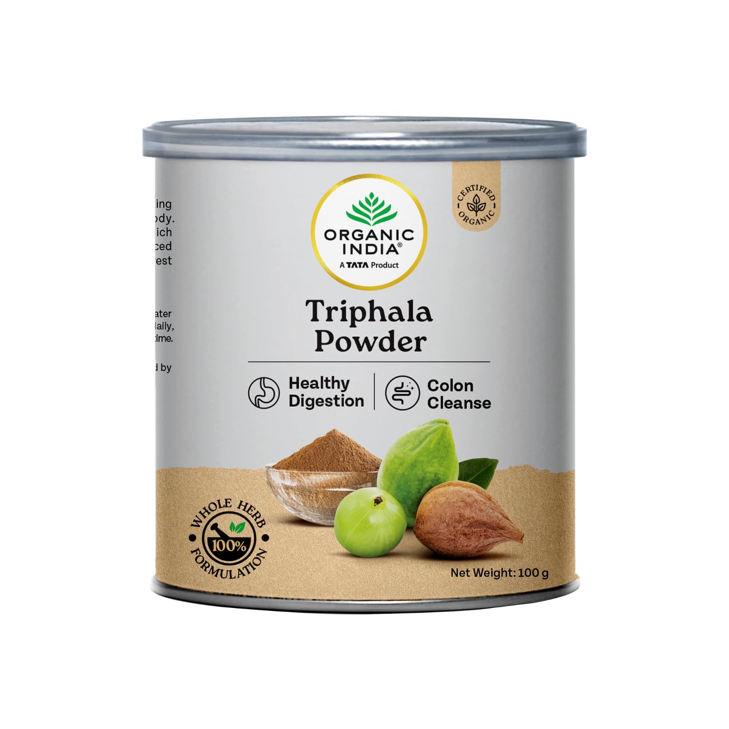 Organic triphala powder jar for digestion and gut wellness