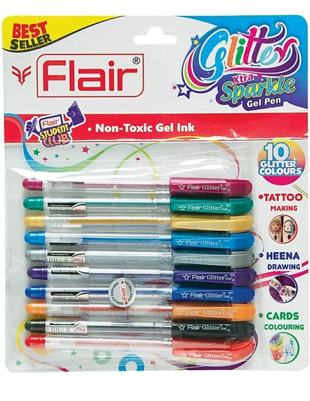 Pack of FLAIR Glitter Sparkle gel pens in 10 shades
