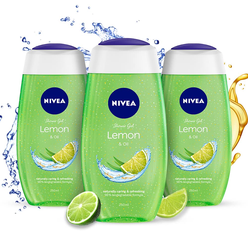 Three Nivea Lemon & Oil shower gel bottles, 250 ml each