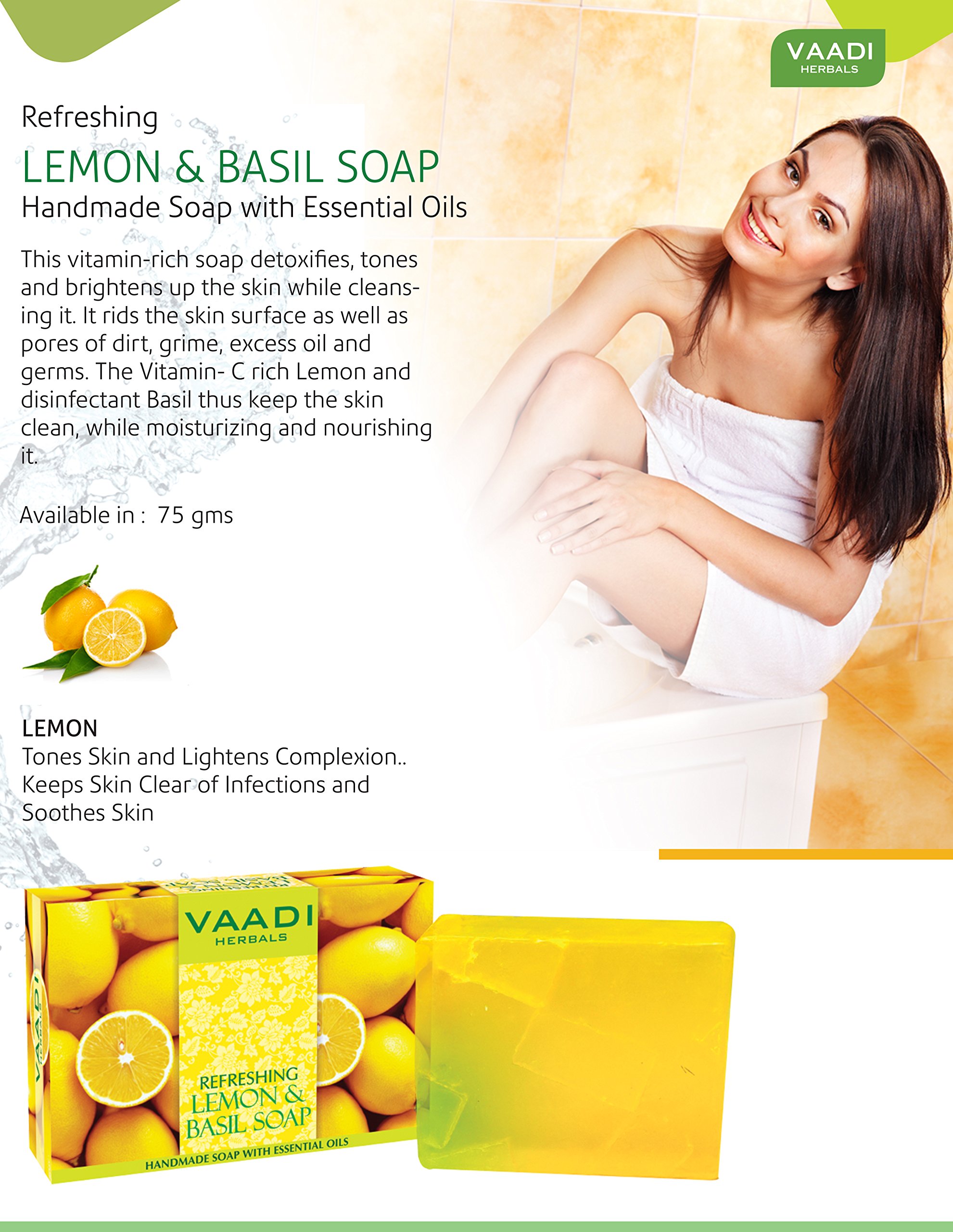 Vaadi Herbals Refreshing Lemon and Basil Soap, 75g (Pack of 12) – view 2