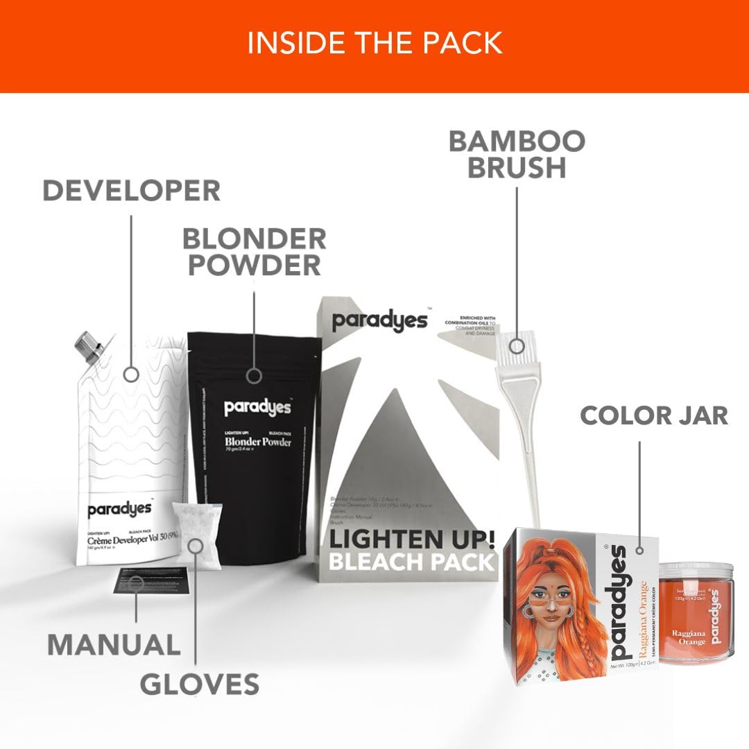 Paradyes Semi-permanent Raggiana Orange DIY Conditioner Based Hair Colour 120 gm and Lighten Up! Bleach Pack 30 Vol. for all Hair Types – view 3