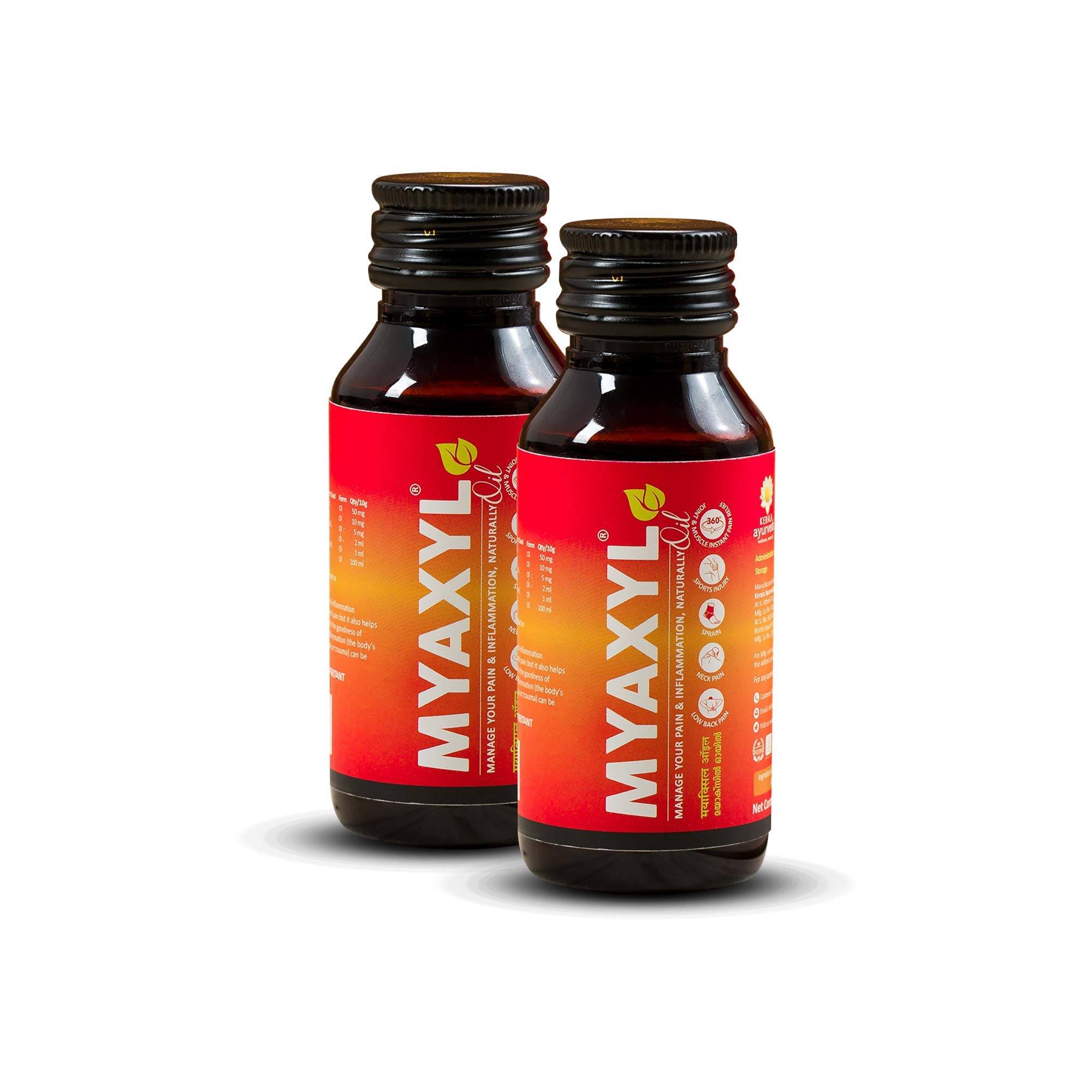 Three bottles of Kerala Ayurveda Myaxyl herbal pain relief oil