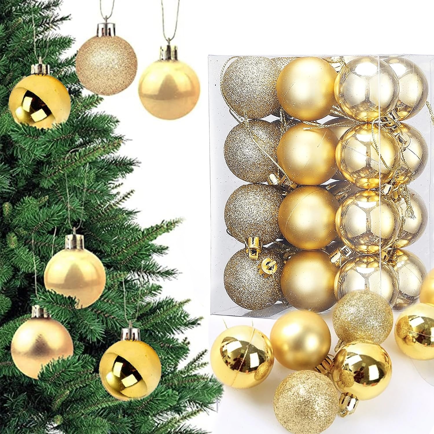 Small round golden Christmas tree ornaments with hanging strings