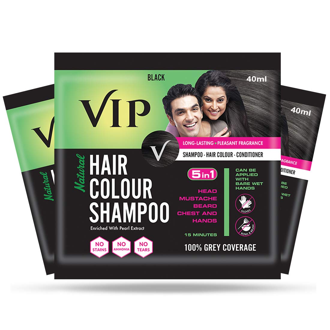 VIP black hair colour shampoo bottle, 40 ml pack