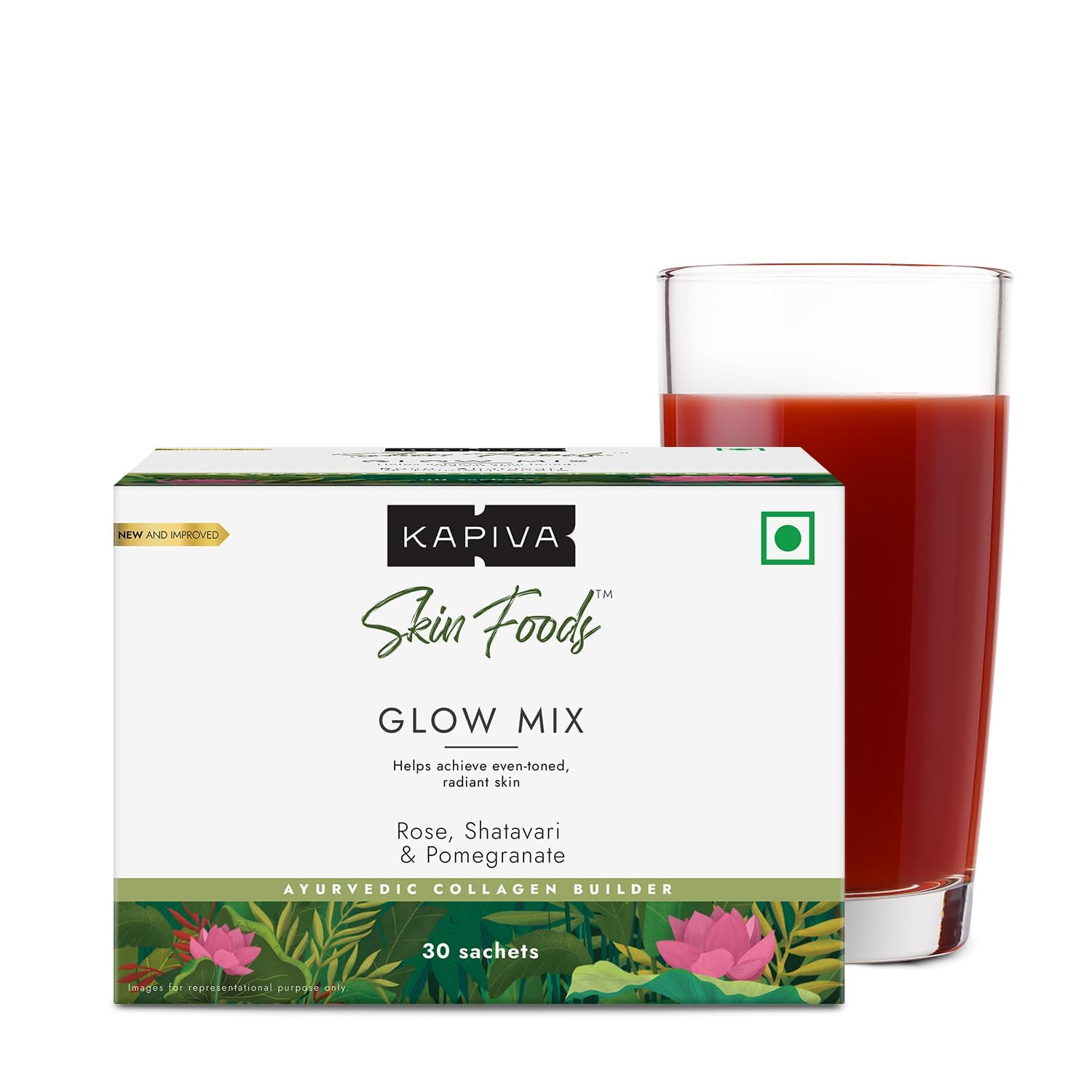 Rose-flavoured Kapiva skin supplement powder box and single sachets