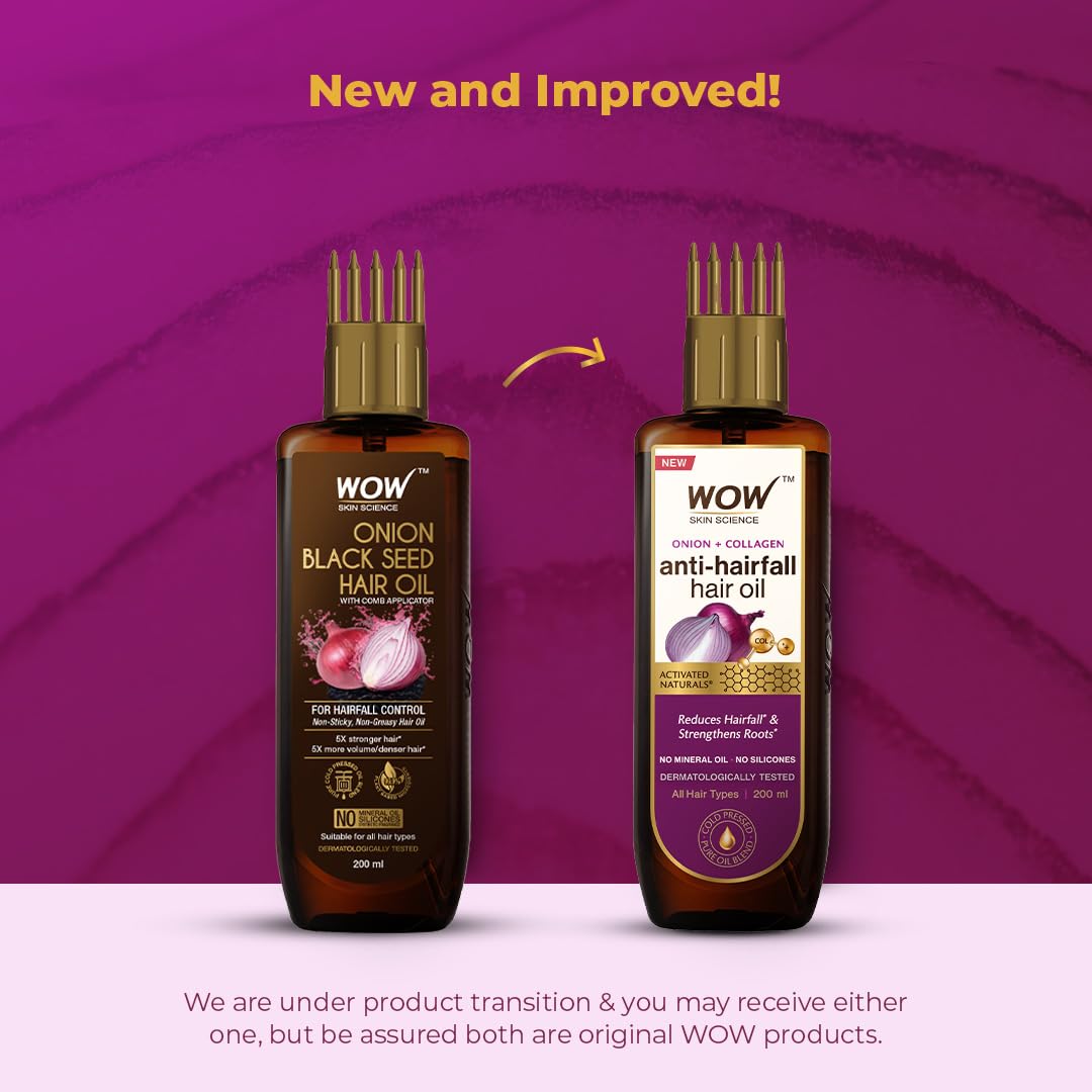 WOW Skin Science Onion Black Seed Hair Oil - WITH COMB APPLICATOR - Controls Hair Fall - NO Mineral Oil, Silicones, Cooking Oil & Synthetic Fragrance - 200mL – view 2