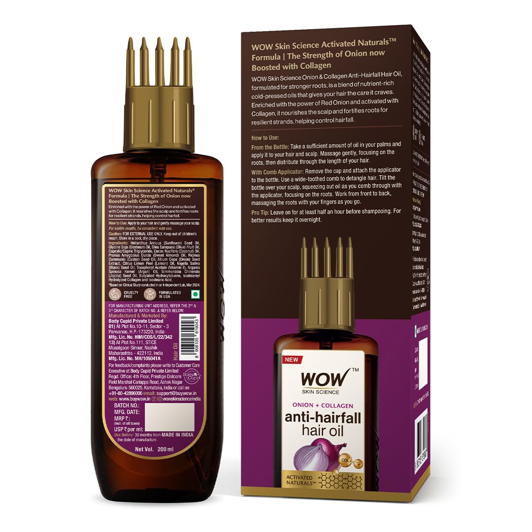 WOW Skin Science Onion Black Seed Hair Oil - WITH COMB APPLICATOR - Controls Hair Fall - NO Mineral Oil, Silicones, Cooking Oil & Synthetic Fragrance - 200mL – view 9