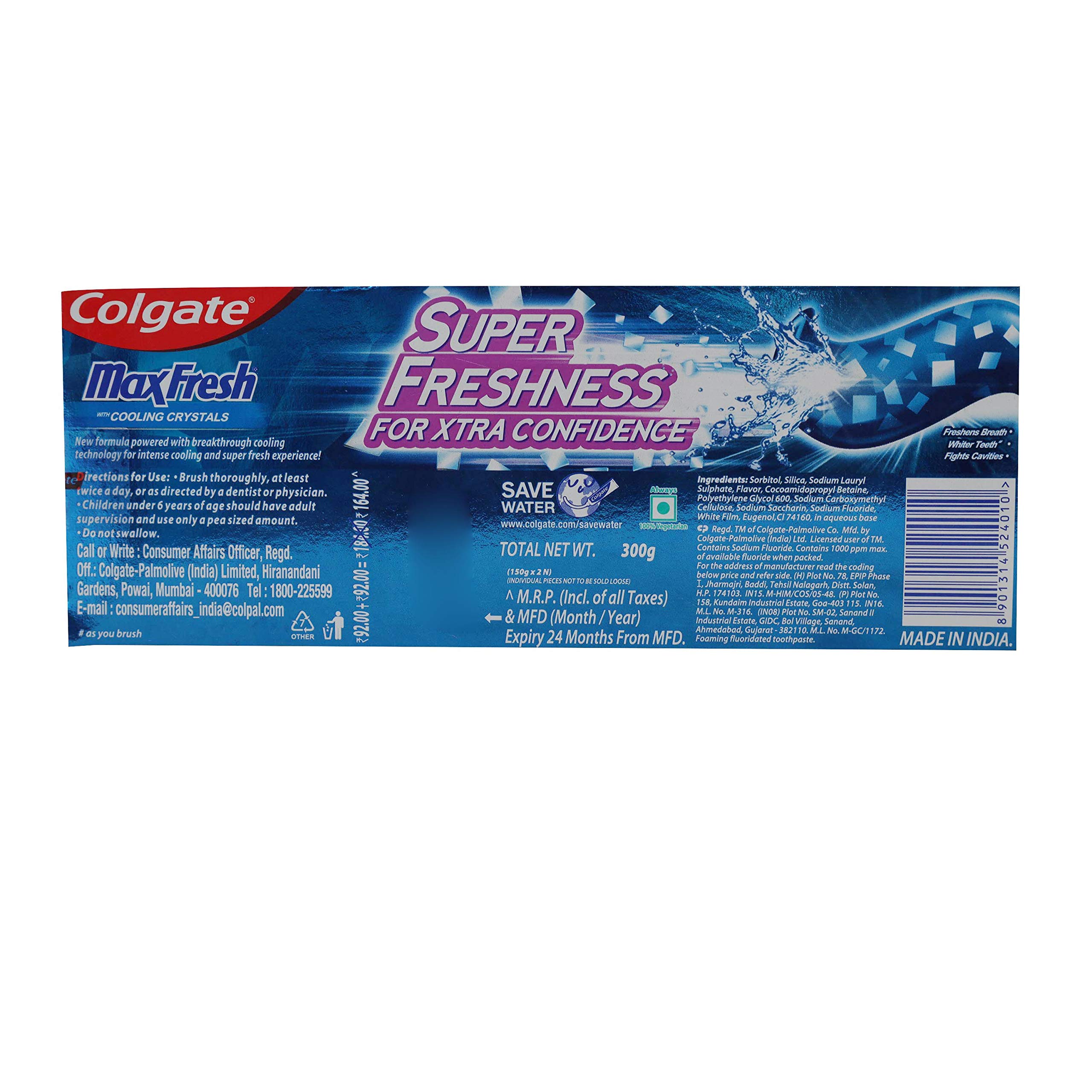 Colgate Max Fresh Blue Gel Toothpaste, Fresh Breath, 300g (Cooling Crystals) – view 2