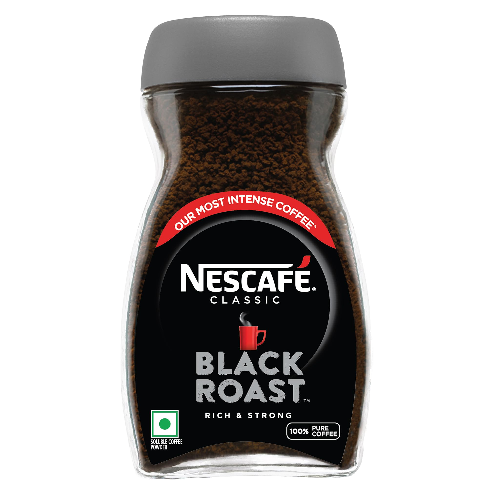 Nescafe Black Roast dark roast coffee jar on white background