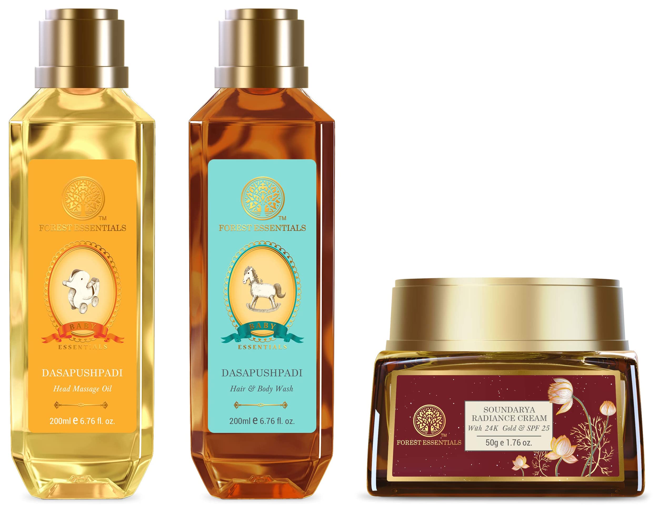 Forest Essentials Soundarya Radiance Cream With 24K Gold & SPF25 & Forest Essentials Baby Head Massage Oil Dasapushpadi 200ml (Baby Oil) & Forest Essentials Baby Hair & Body Wash Dasapushpadi 200ml – view 1