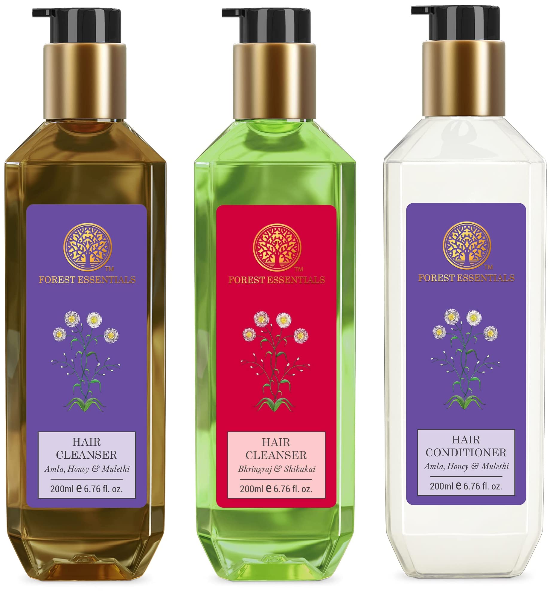 Forest Essentials Amla, Honey, Mulethi and Shikakai hair care bottles