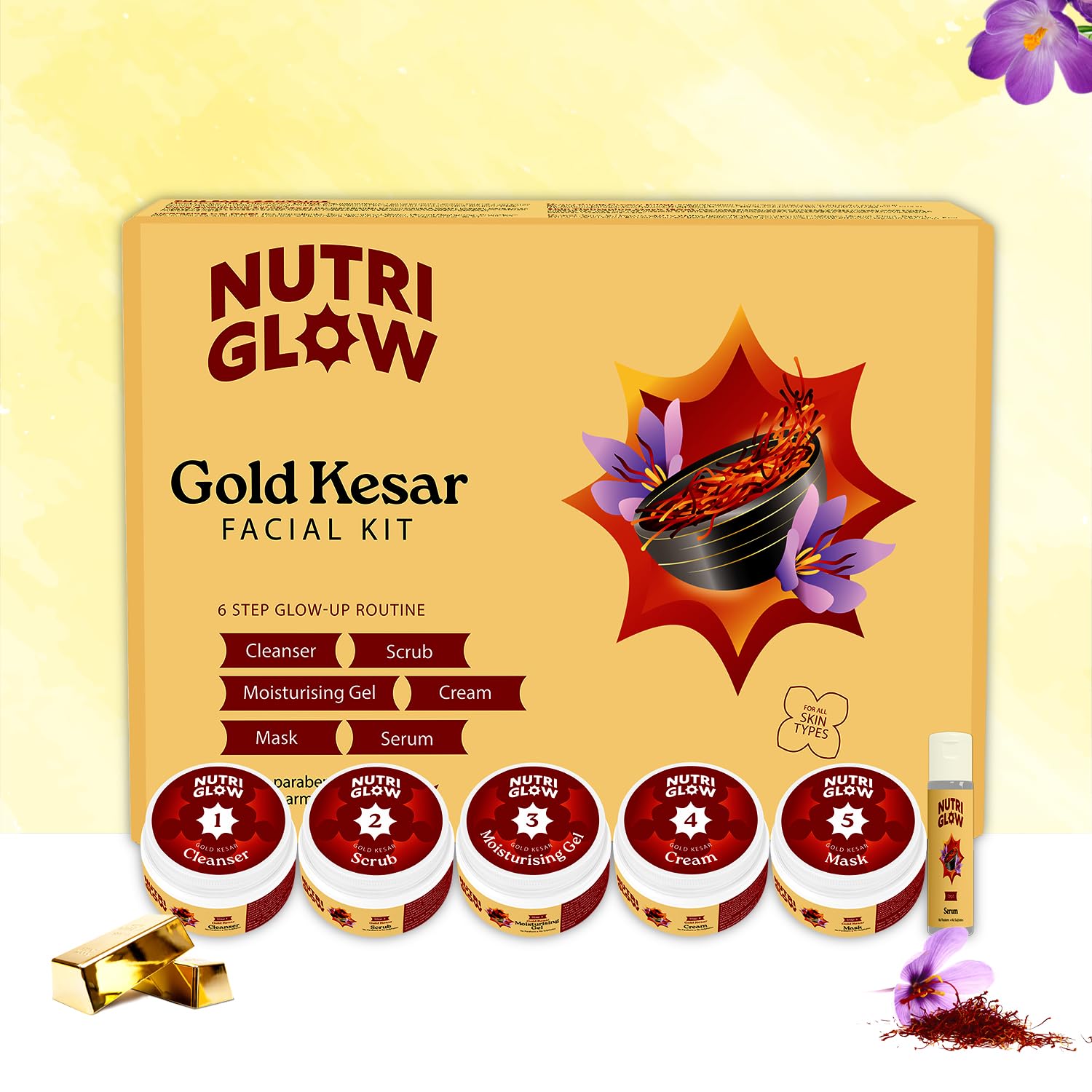 NutriGlow Gold Kesar Facial Kit for Glowing Skin, 6-Step Facial Kit for Women, With Turmeric & Saffron Extracts, At-Home facial, 250g + 10ml – view 2