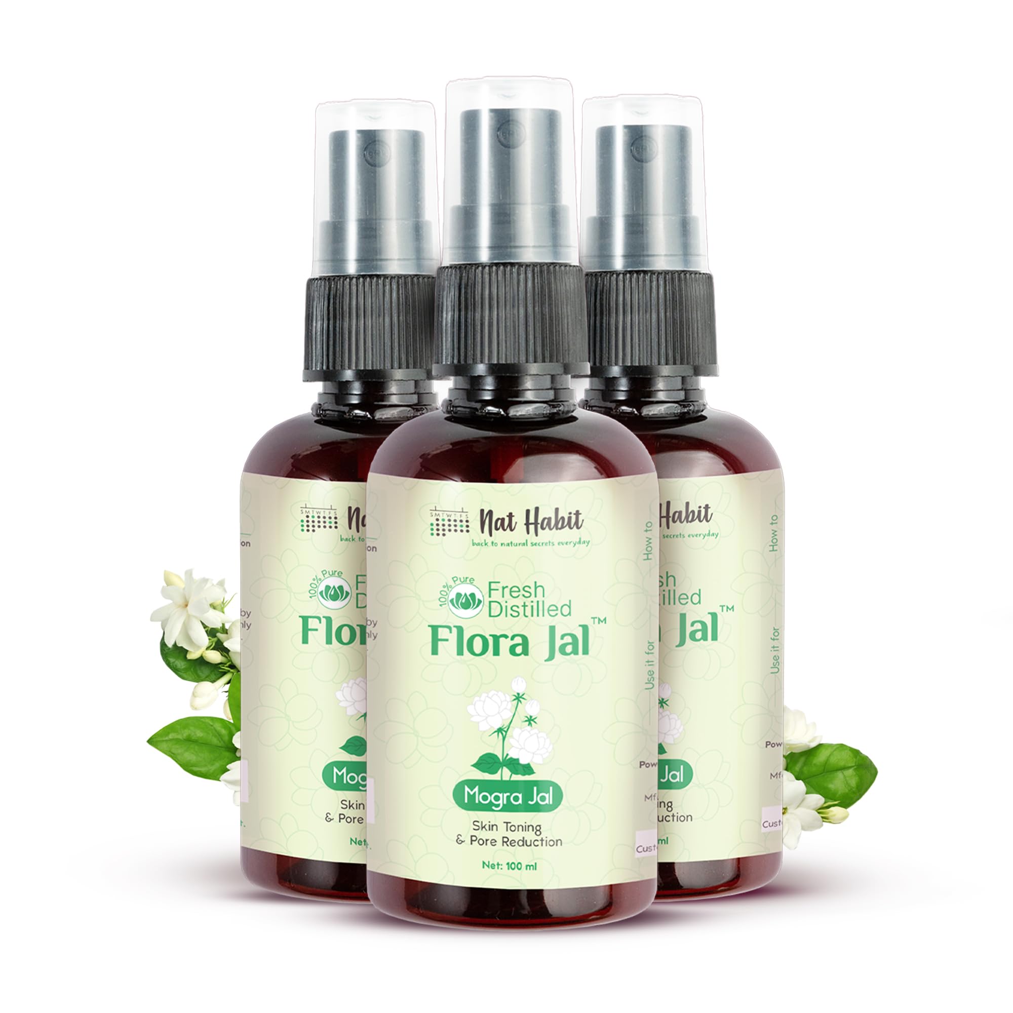 Three 100 ml bottles of Nat Habit steam-distilled Mogra Jal