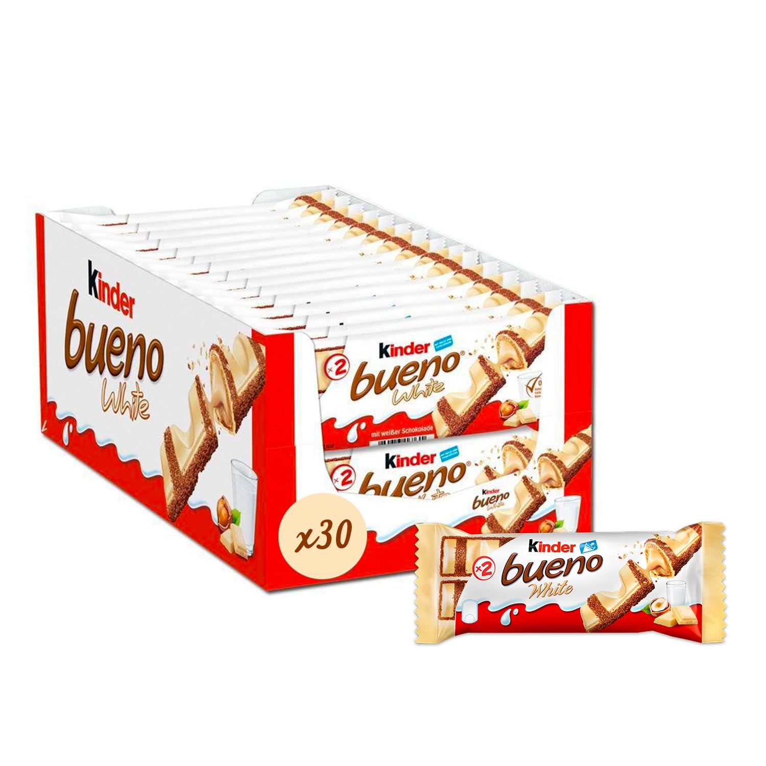 Pack of three Kinder Bueno White Chocolate hazelnut bars