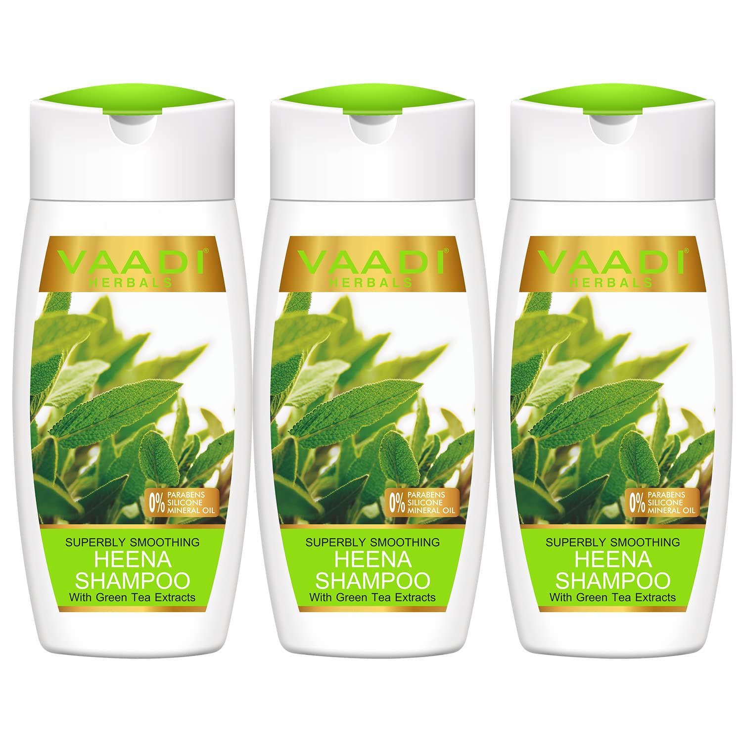 Three 110 ml bottles of Vaadi Herbals heena shampoo