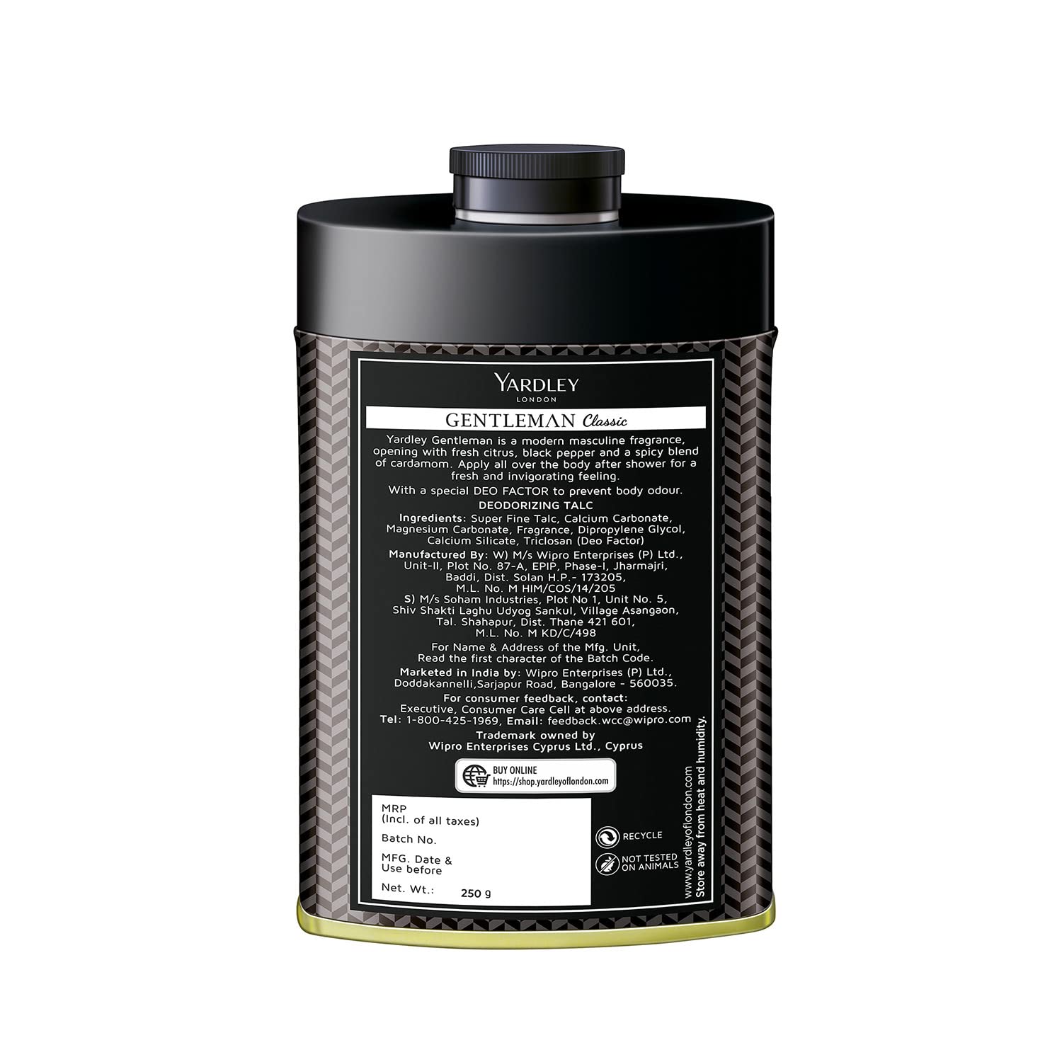 Yardley London Gentleman Classic Deodorizing Talc Spray for Men with Calcium, Carbonate, Magnisum, Carbonate, Fragrance, Dipropylene Glycol, Calcium, Silicate, Triclosan, Pack of 1, 250g – view 3