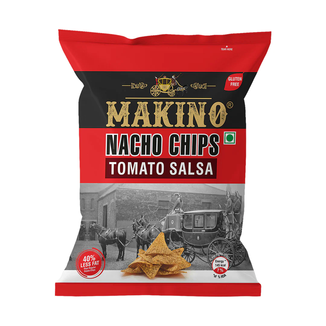 Three Makino tomato salsa corn nacho chip packs on display