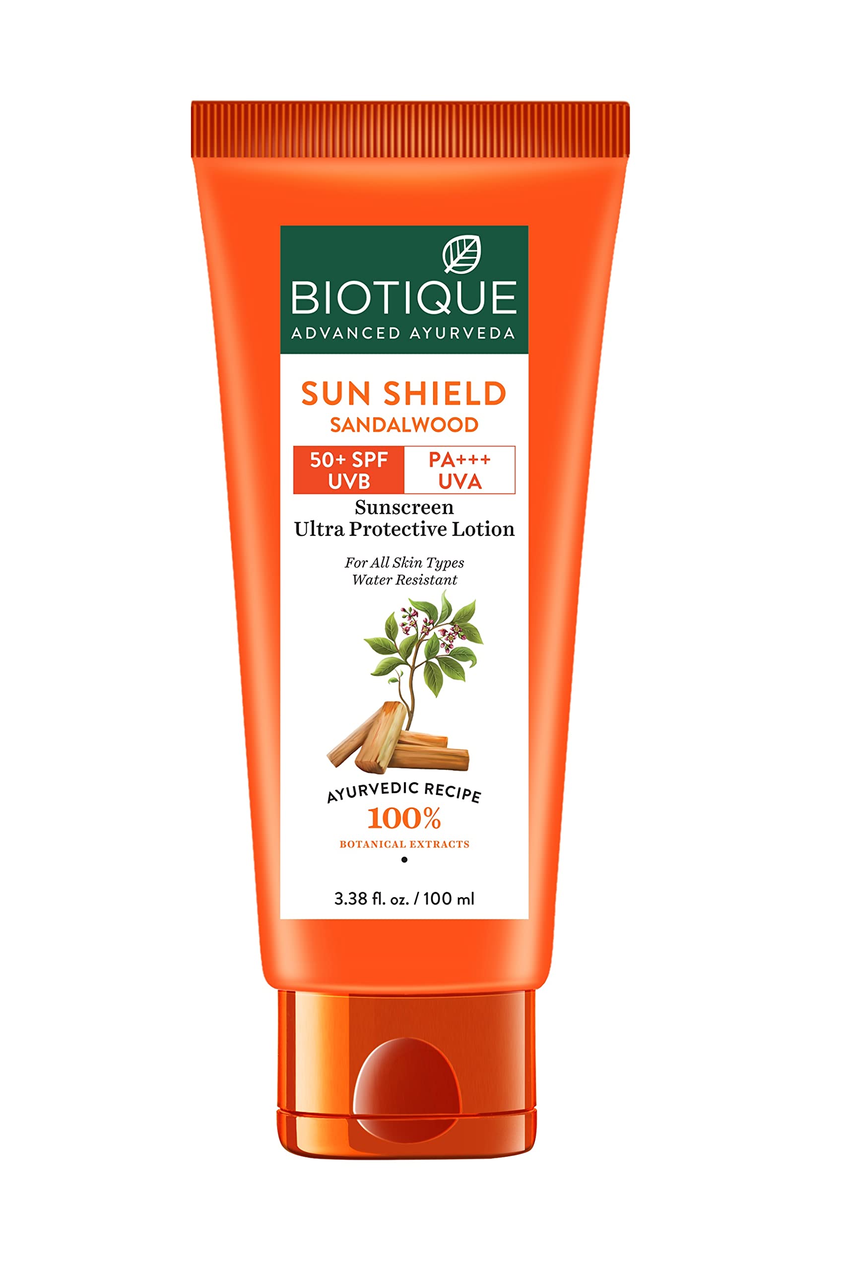Biotique sandalwood sunscreen face lotion SPF 50+ bottle front view