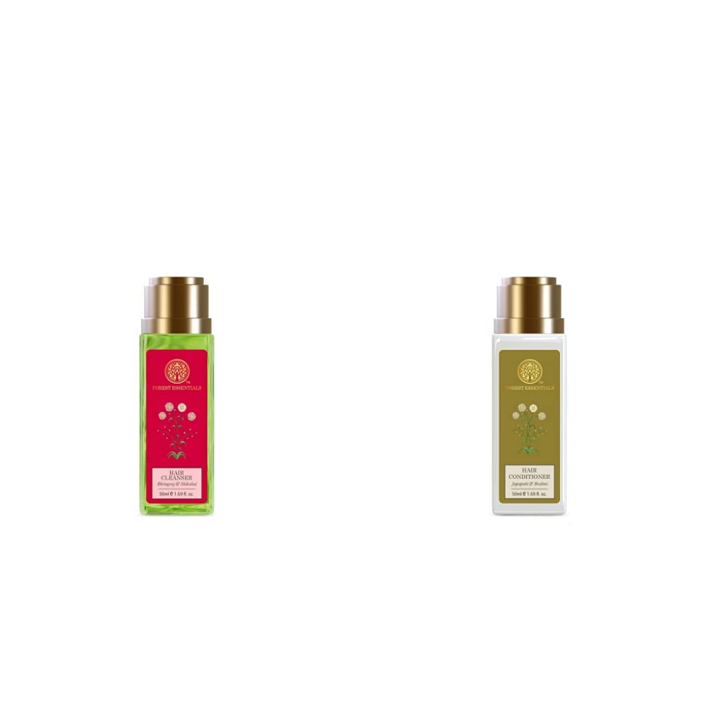 Forest Essentials Bhringraj cleanser and Brahmi conditioner compact bottle duo
